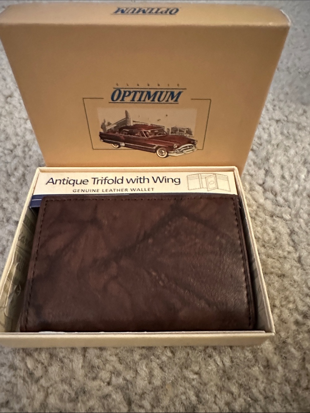Optimum Antique Trifold with Wing Genuine Leather Wallet new in box